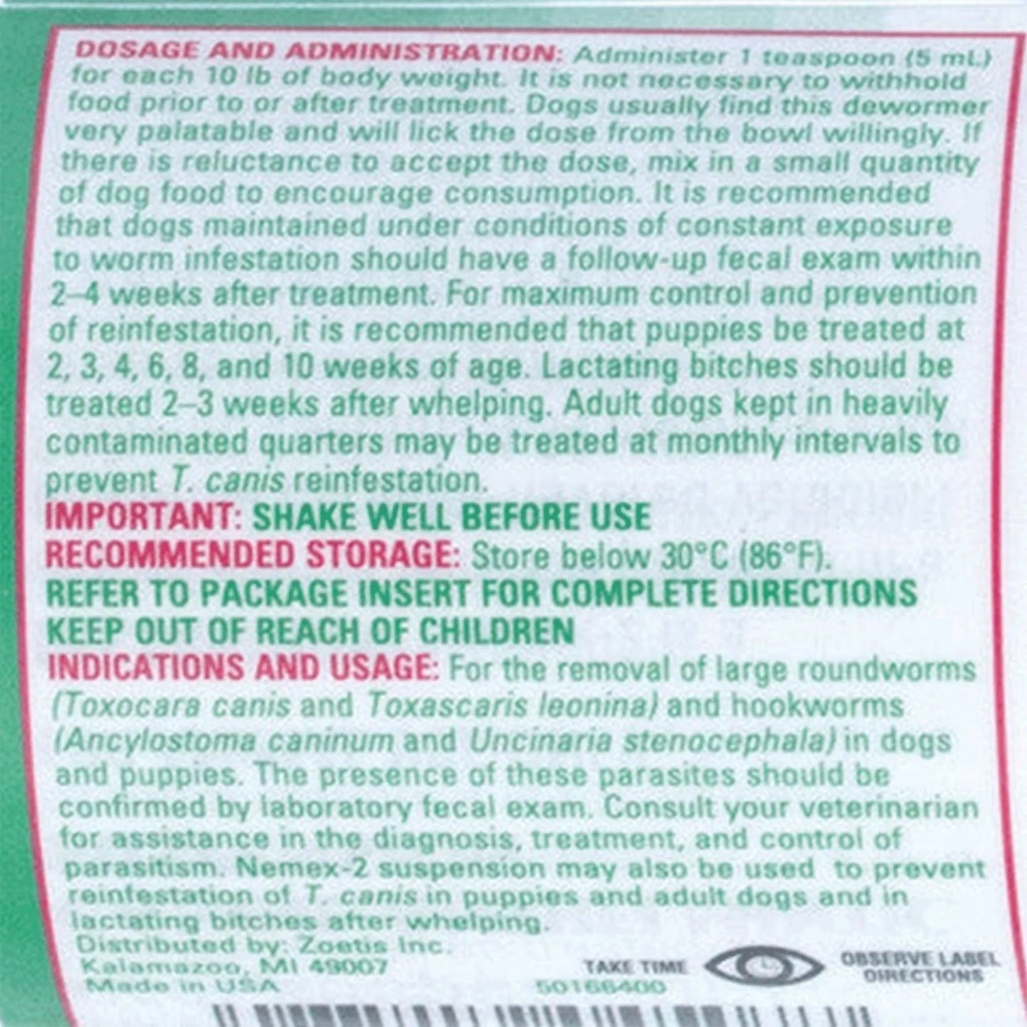 Nemex®-2 Dewormer for Dogs,"Back label of dog dewormer package with dosage instructions"