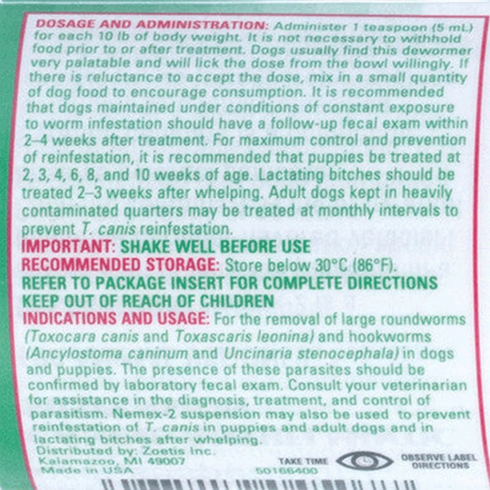 Nemex®-2 Dewormer for Dogs,"Back label of dog dewormer package with dosage instructions"