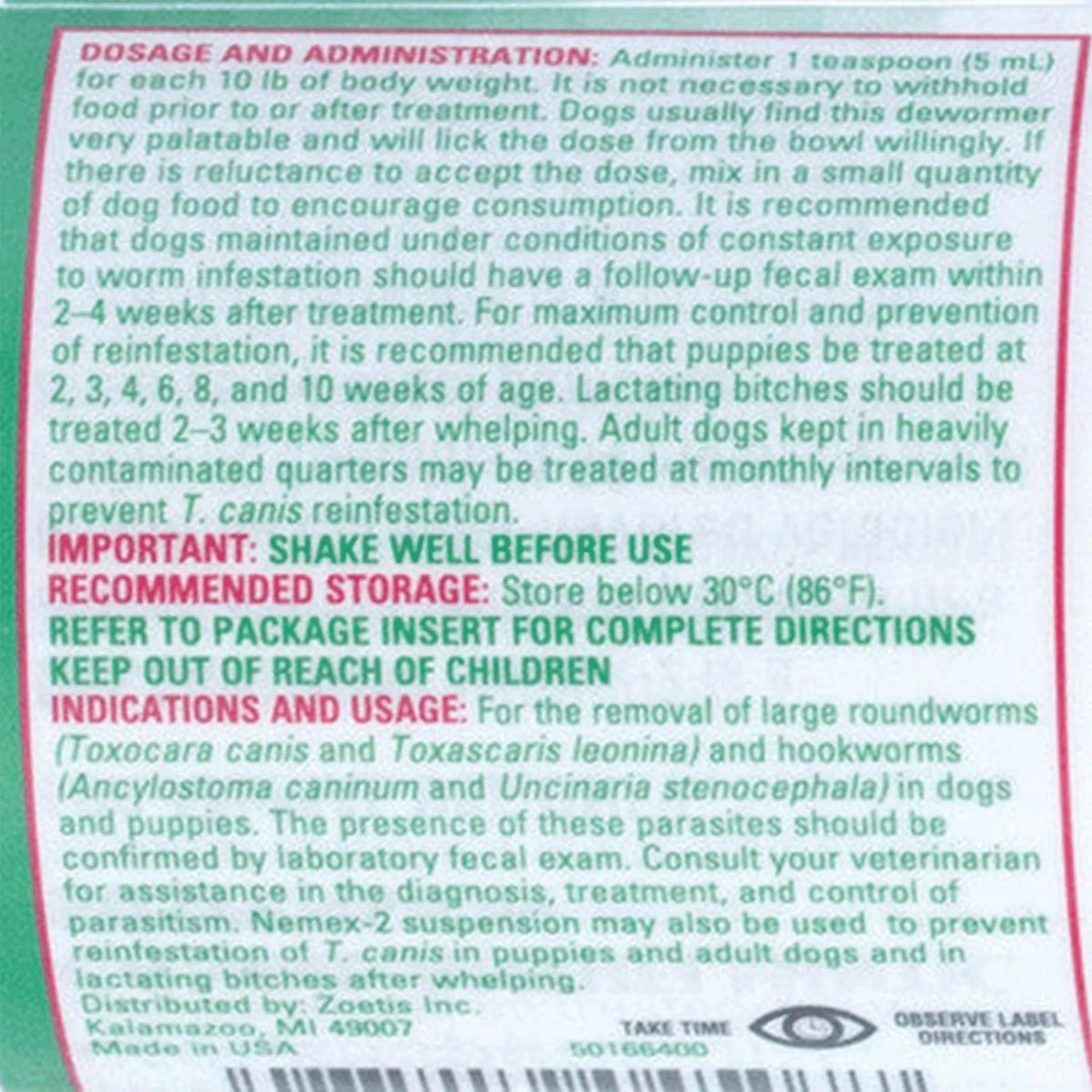 Nemex®-2 Dewormer for Dogs,"Back label of dog dewormer package with dosage instructions"