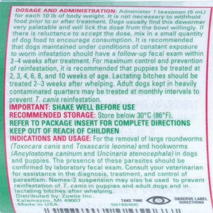Nemex®-2 Dewormer for Dogs,"Back label of dog dewormer package with dosage instructions"