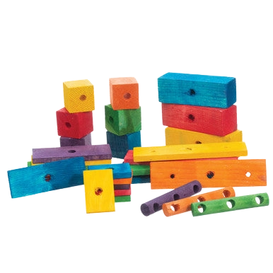 Wood Mix,"Assorted colorful wooden blocks with drilled holes"