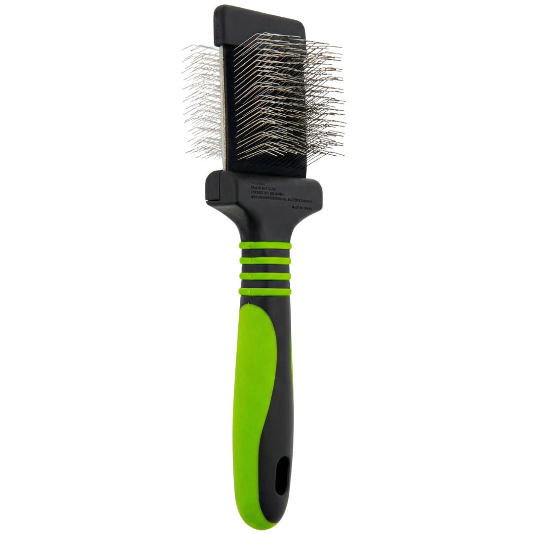 Mini Slicker Brush,"Black slicker brush with angled metal pins and green handle"