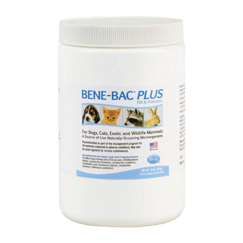Bene-Bac® Plus,"White plastic jar with screw-top lid and animal label"