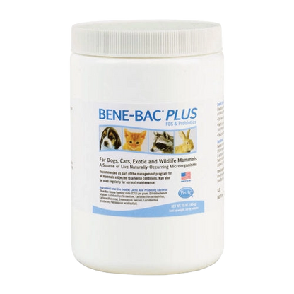 Bene-Bac® Plus,"White plastic jar with screw-top lid and animal label"