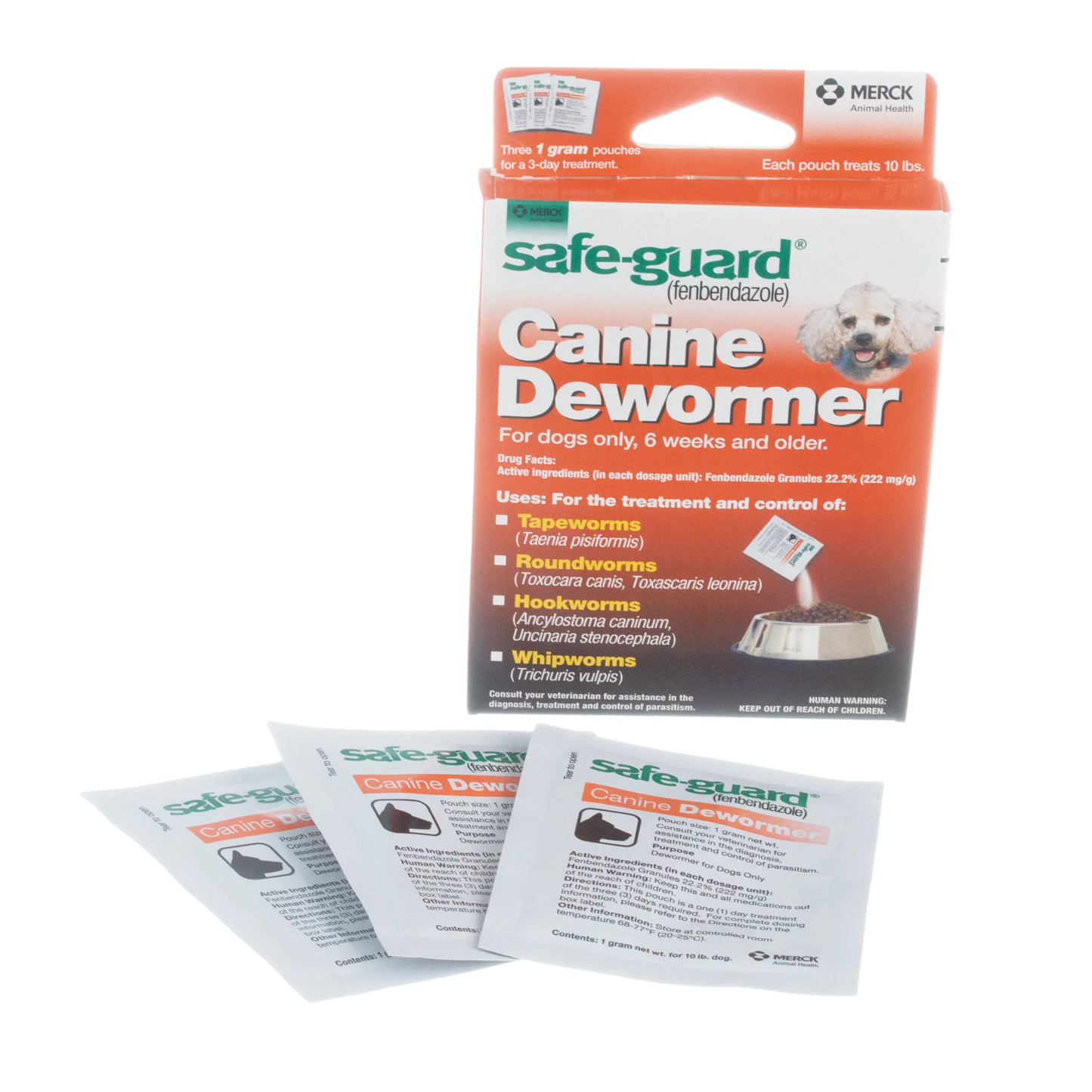 Safe-Guard® Canine Dewormer for Dogs,"Box with three dewormer powder pouches"