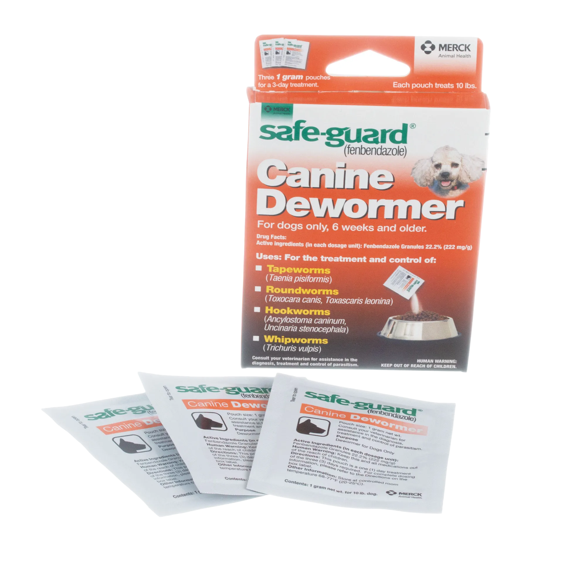 Safe-Guard® Canine Dewormer for Dogs,"Box with three dewormer powder pouches"