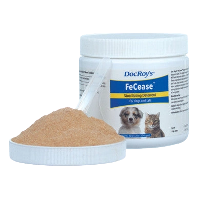 Doc Roy's® FeCease™,"White jar with scoop of tan powder"