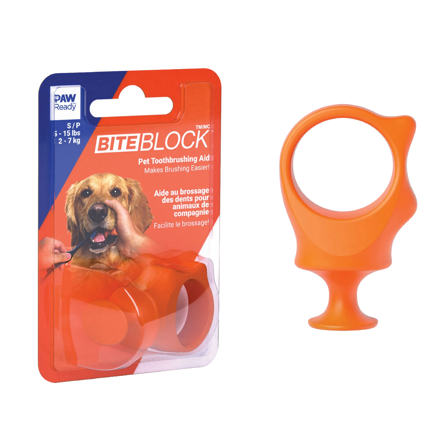 BrushMate Biteblock,"Orange ring-shaped pet bite block with retail packaging"