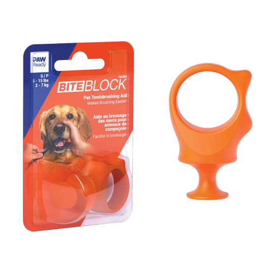 BrushMate Biteblock,"Orange ring-shaped pet bite block with retail packaging"