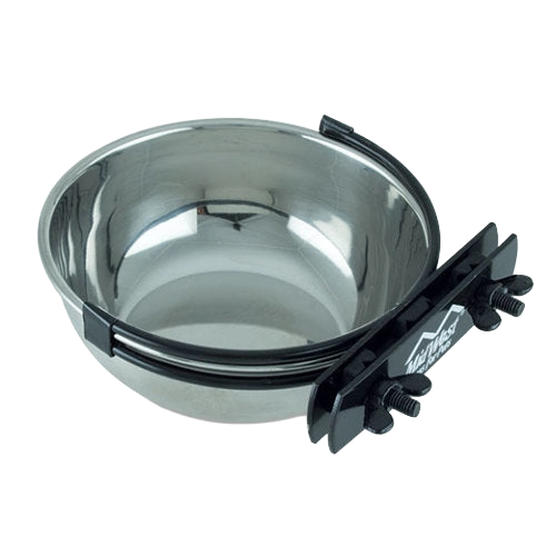 Snapy Fit Water & Feed Bowl,"Metal bowl with black mounting bracket"