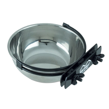 Snapy Fit Water & Feed Bowl,"Metal bowl with black mounting bracket"