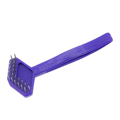 Aaronco V-Rake Dematter,"Purple handled rake brush with metal pins"