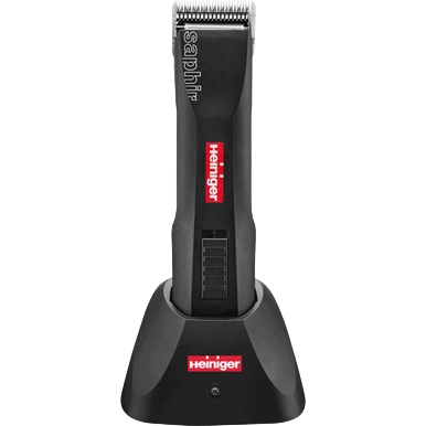 Black Saphir Basic with One Battery by Heiniger and FREE Blade,"Black hair clipper in charging stand"