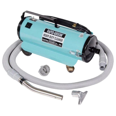 Rapid Groom Professional Groomer,"Blue cylindrical grooming vacuum with hose and attachments"