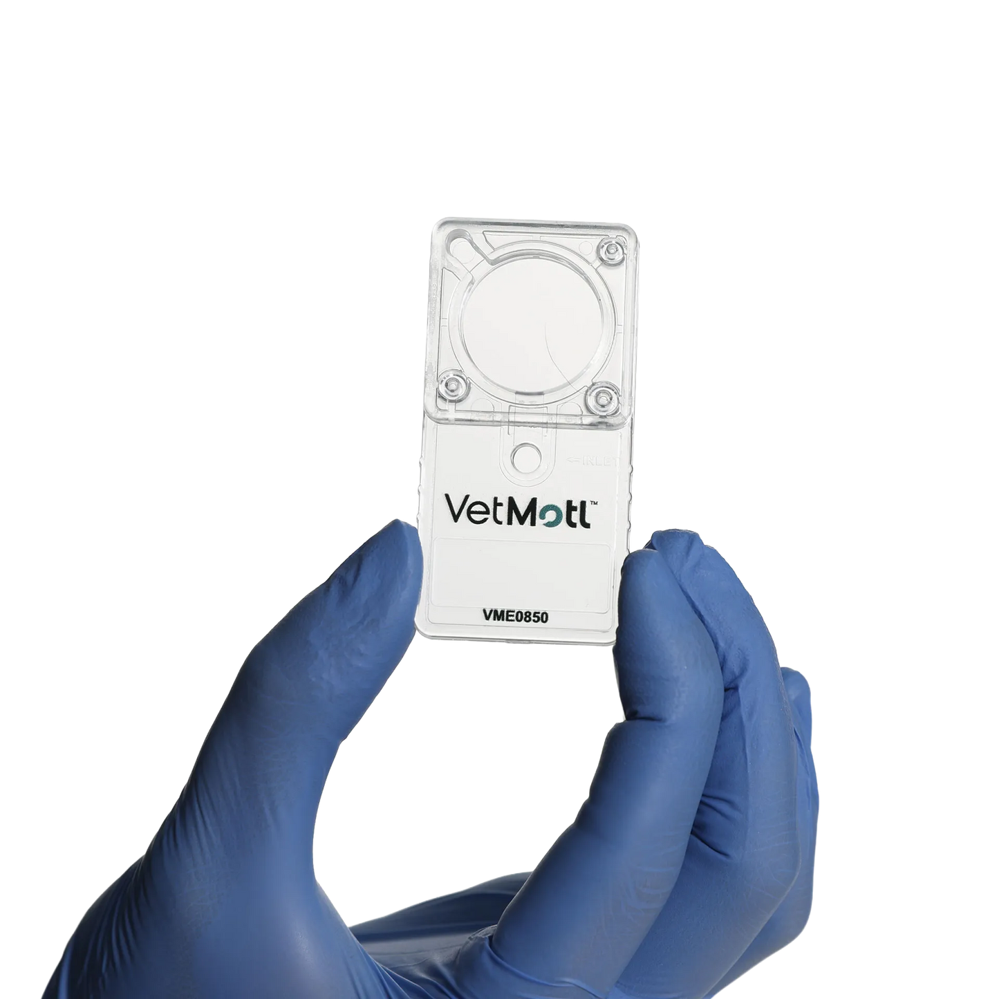 VetMotl Sperm Separation Device,"Clear rectangular device held between blue gloved fingers"