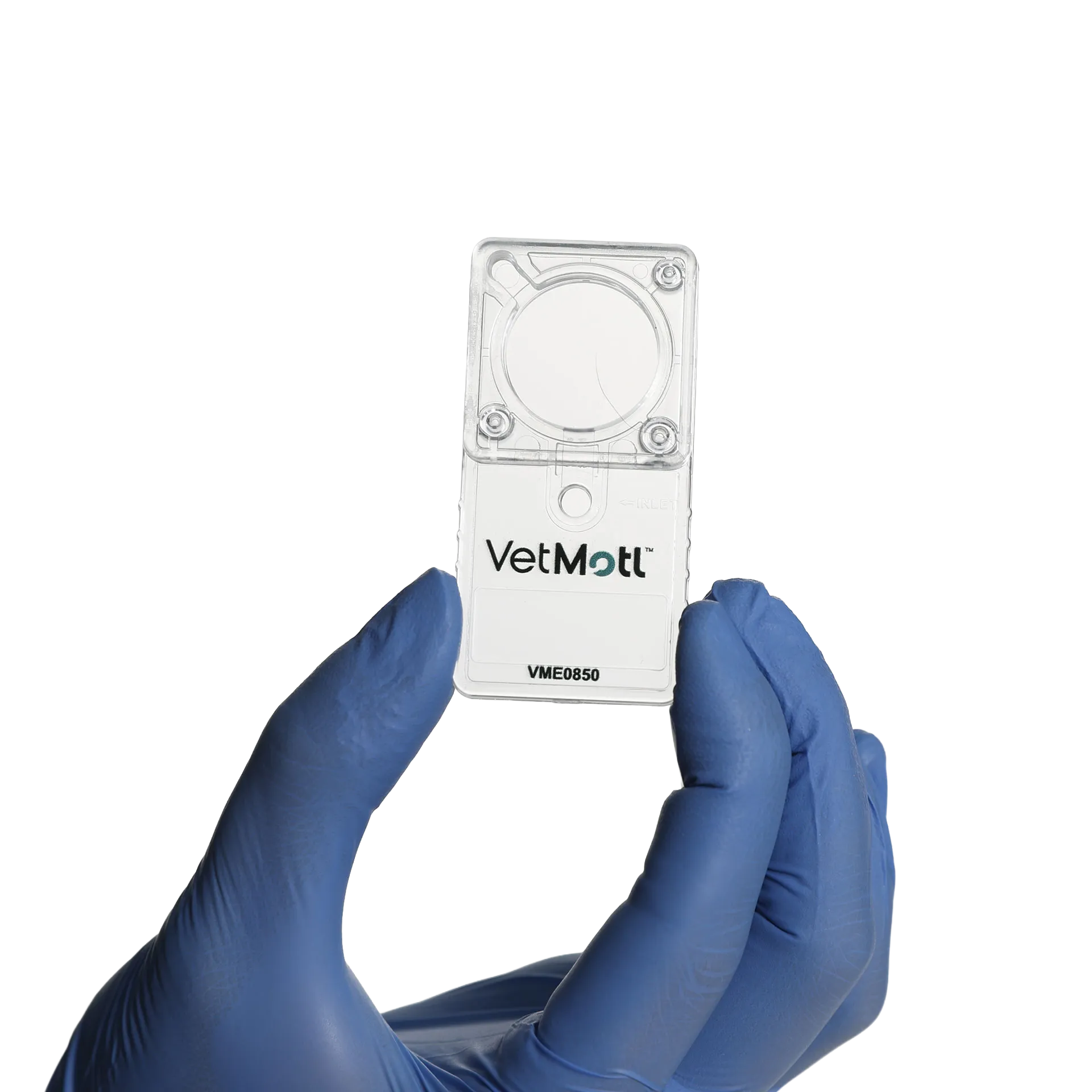 VetMotl Sperm Separation Device,"Clear rectangular device held between blue gloved fingers"