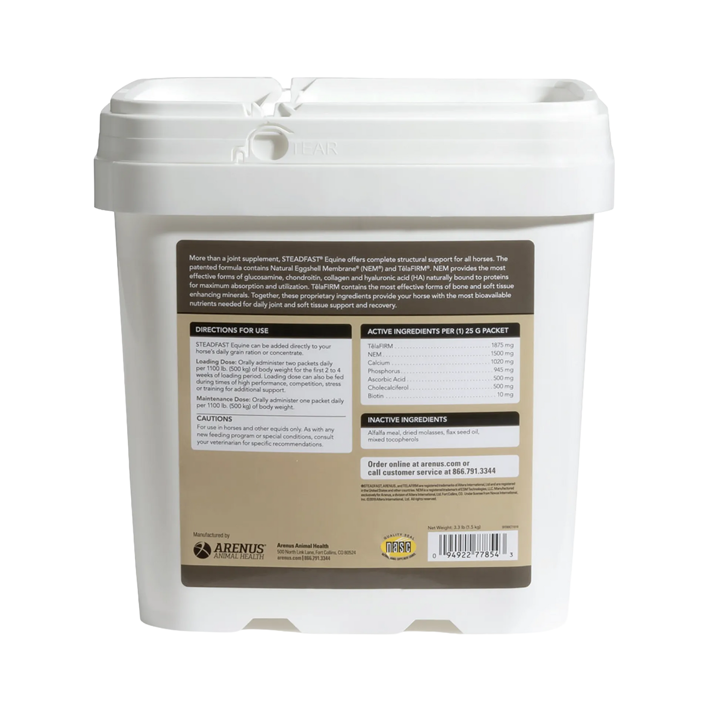 Steadfast® Equine,"White plastic tub with back label and hinged tear-top lid"
