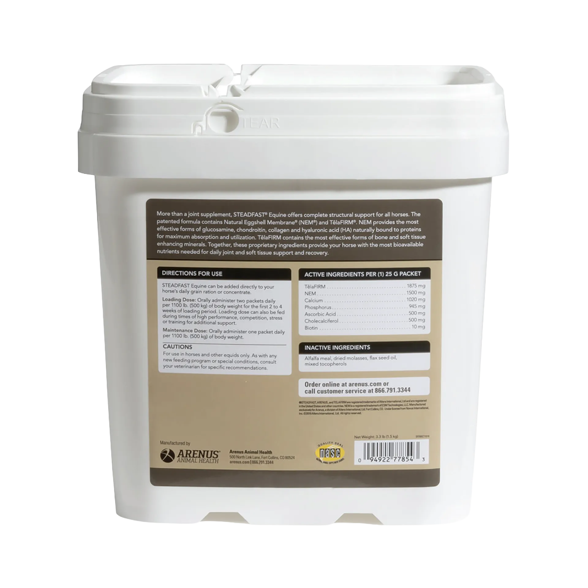 Steadfast® Equine,"White plastic tub with back label and hinged tear-top lid"