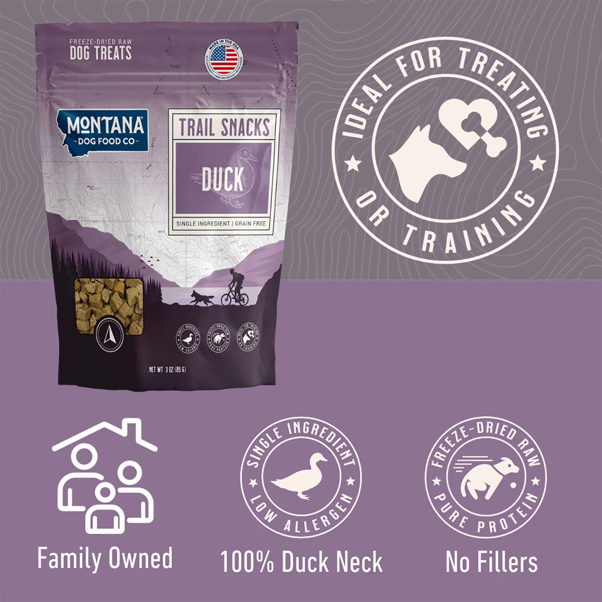 Trail Snacks: Freeze-Dried Raw Dog Treats,"Purple treat pouch with front window showing cube-shaped treats"