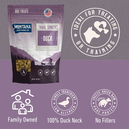 Trail Snacks: Freeze-Dried Raw Dog Treats,"Purple treat pouch with front window showing cube-shaped treats"