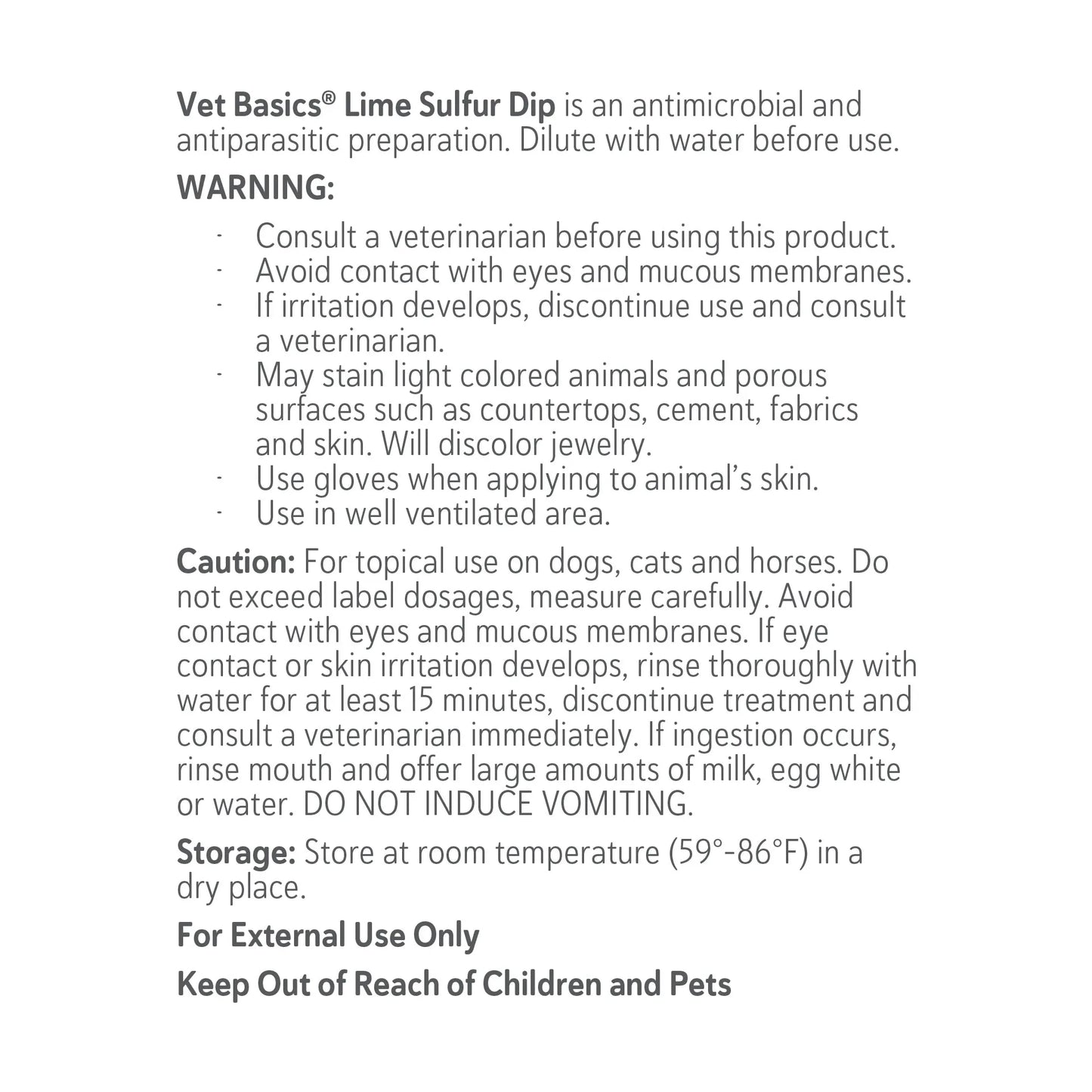 Vet Basics® Lime Sulfur Dip,"Back label of product bottle with warning and caution text"