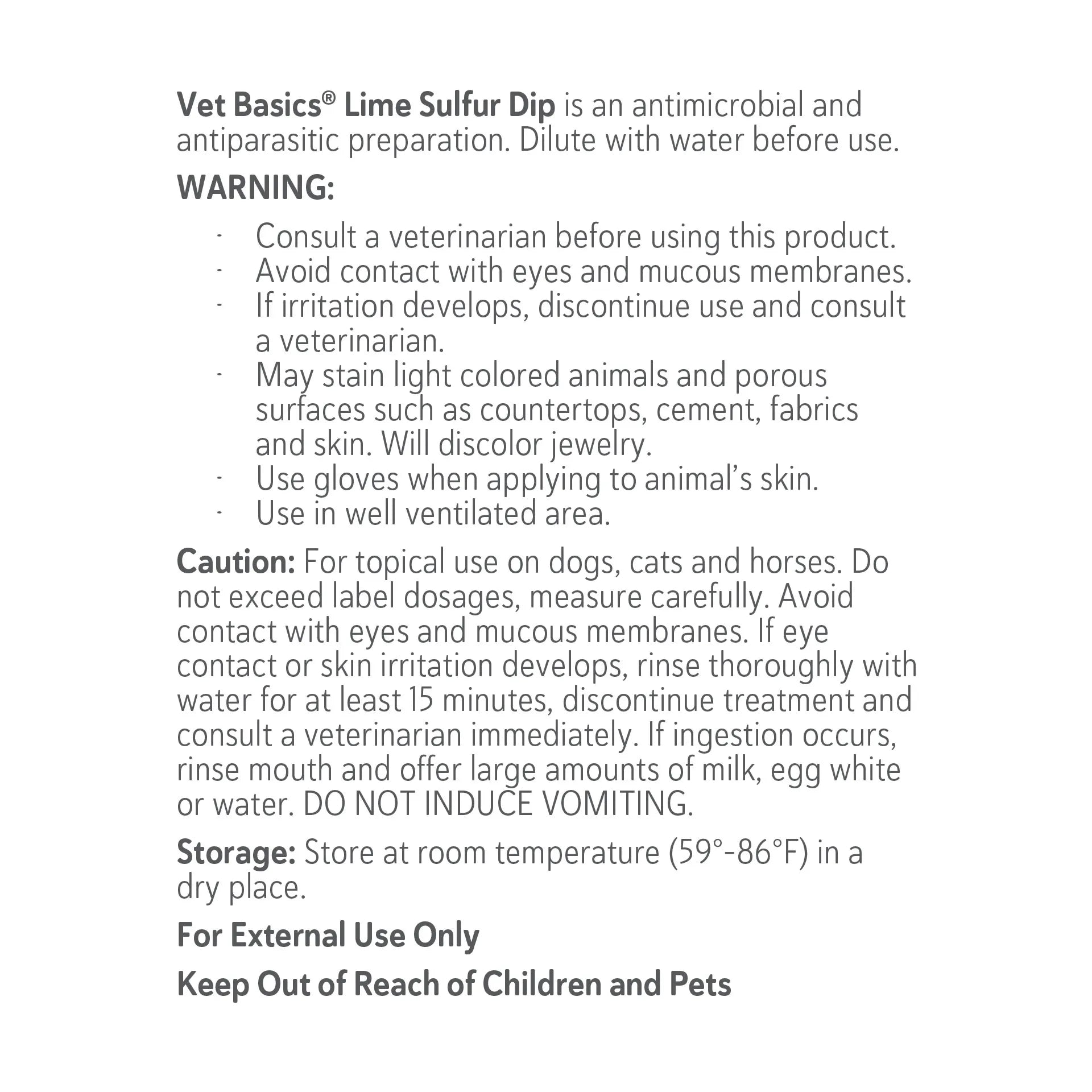 Vet Basics® Lime Sulfur Dip,"Back label of product bottle with warning and caution text"