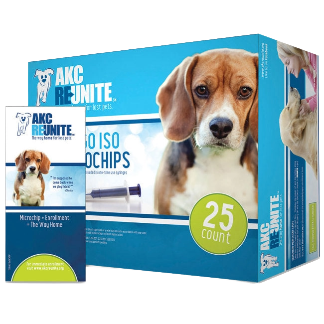 AKC Reunite Indigo ISO Microchips,"Blue product box with matching insert card and dog photos"
