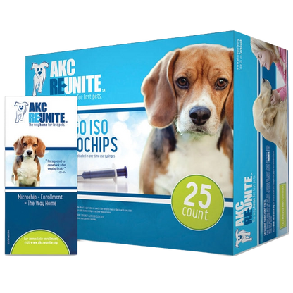 AKC Reunite Indigo ISO Microchips,"Blue product box with matching insert card and dog photos"