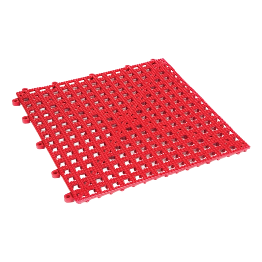 Dri-Dek® Flooring,"Red interlocking drainage floor tile panel"