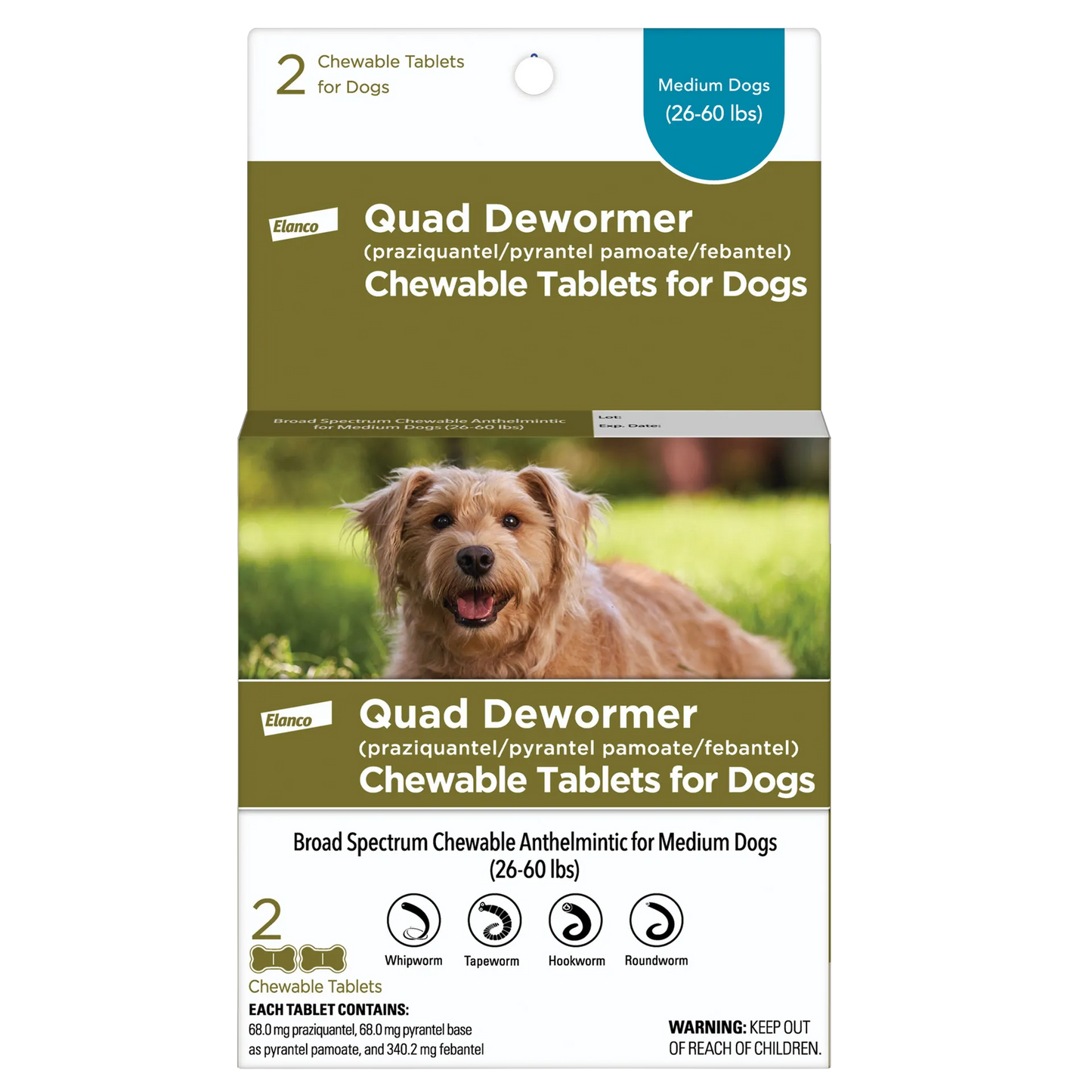 Quad Dewormer,"Front of dog chewable tablet box with tan dog photo"