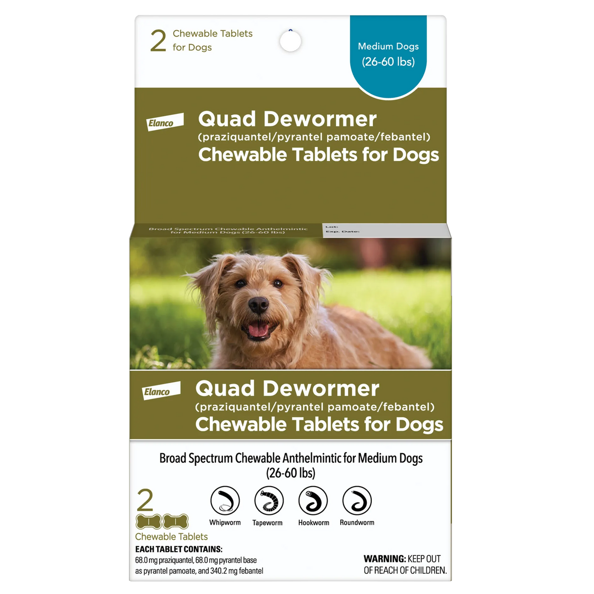 Quad Dewormer,"Front of dog chewable tablet box with tan dog photo"