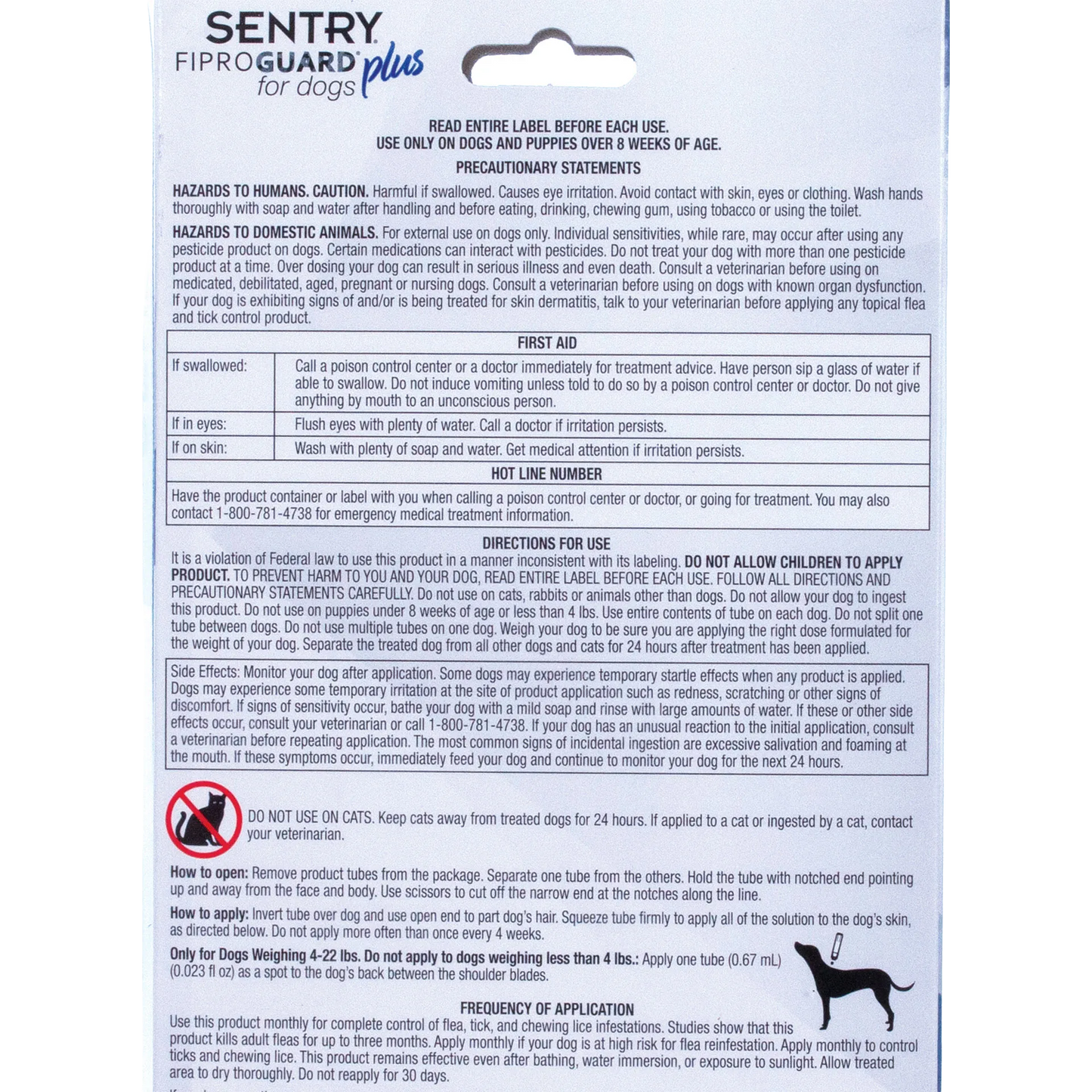 Sentry® Fiproguard® Plus for Dogs,"Back of package with usage directions and warnings"