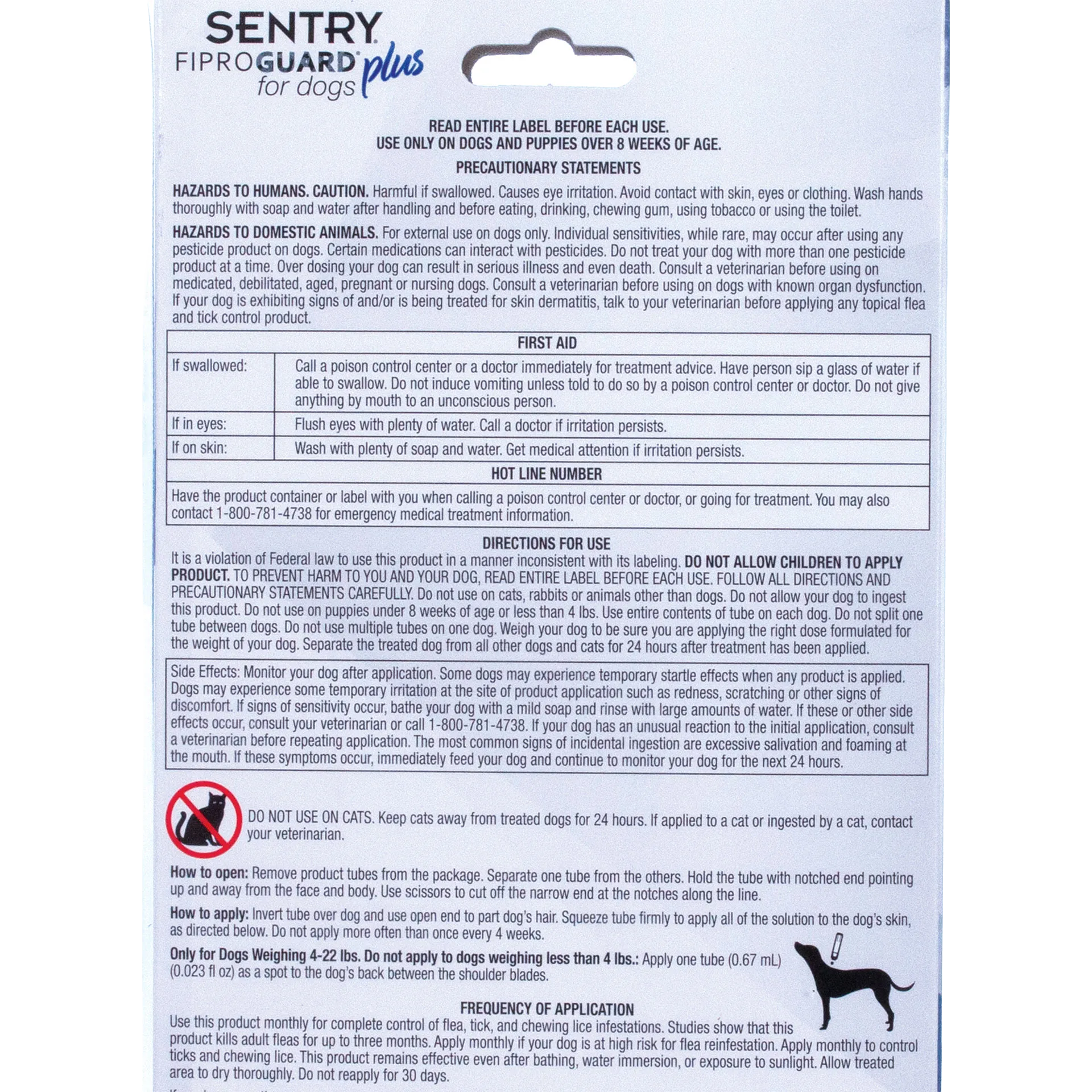 Sentry® Fiproguard® Plus for Dogs,"Back of package with usage directions and warnings"
