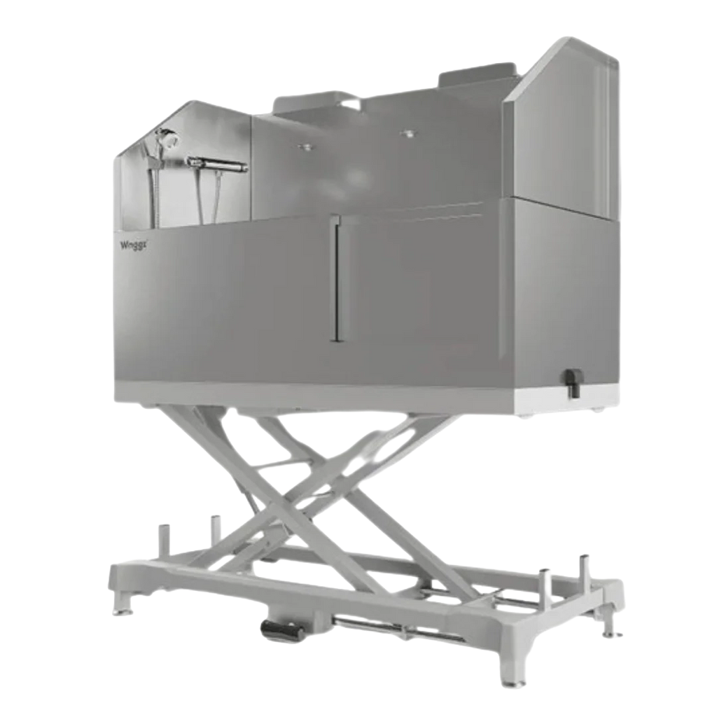 Dog Grooming Electric Tub with Sliding Door by Waggz,"Stainless steel grooming tub on lift base with sliding door"
