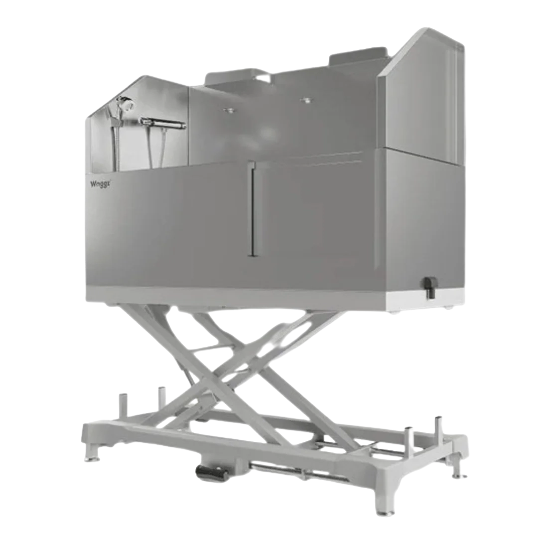 Dog Grooming Electric Tub with Sliding Door by Waggz,"Stainless steel grooming tub on lift base with sliding door"