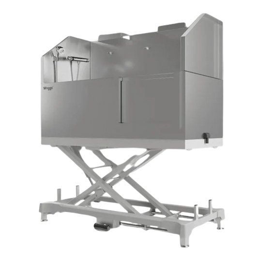 Dog Grooming Electric Tub with Sliding Door by Waggz,"Stainless steel grooming tub on lift base with sliding door"