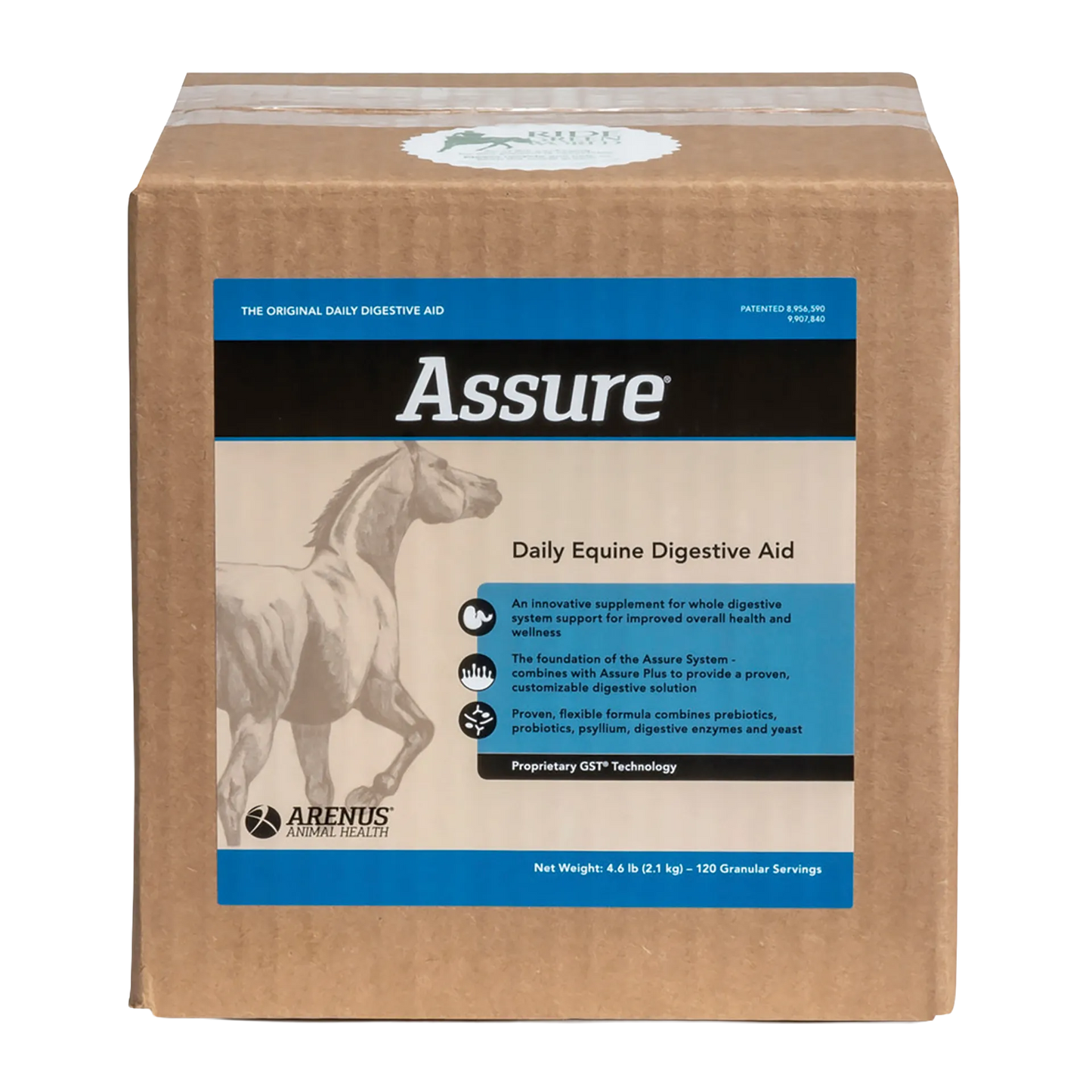 Assure®,"Brown cardboard box with front label and horse illustration"