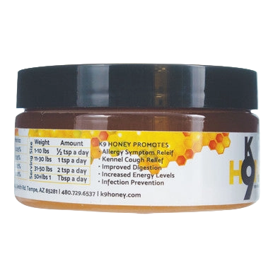 K9 Honey,"Amber jar with black lid, side label view"