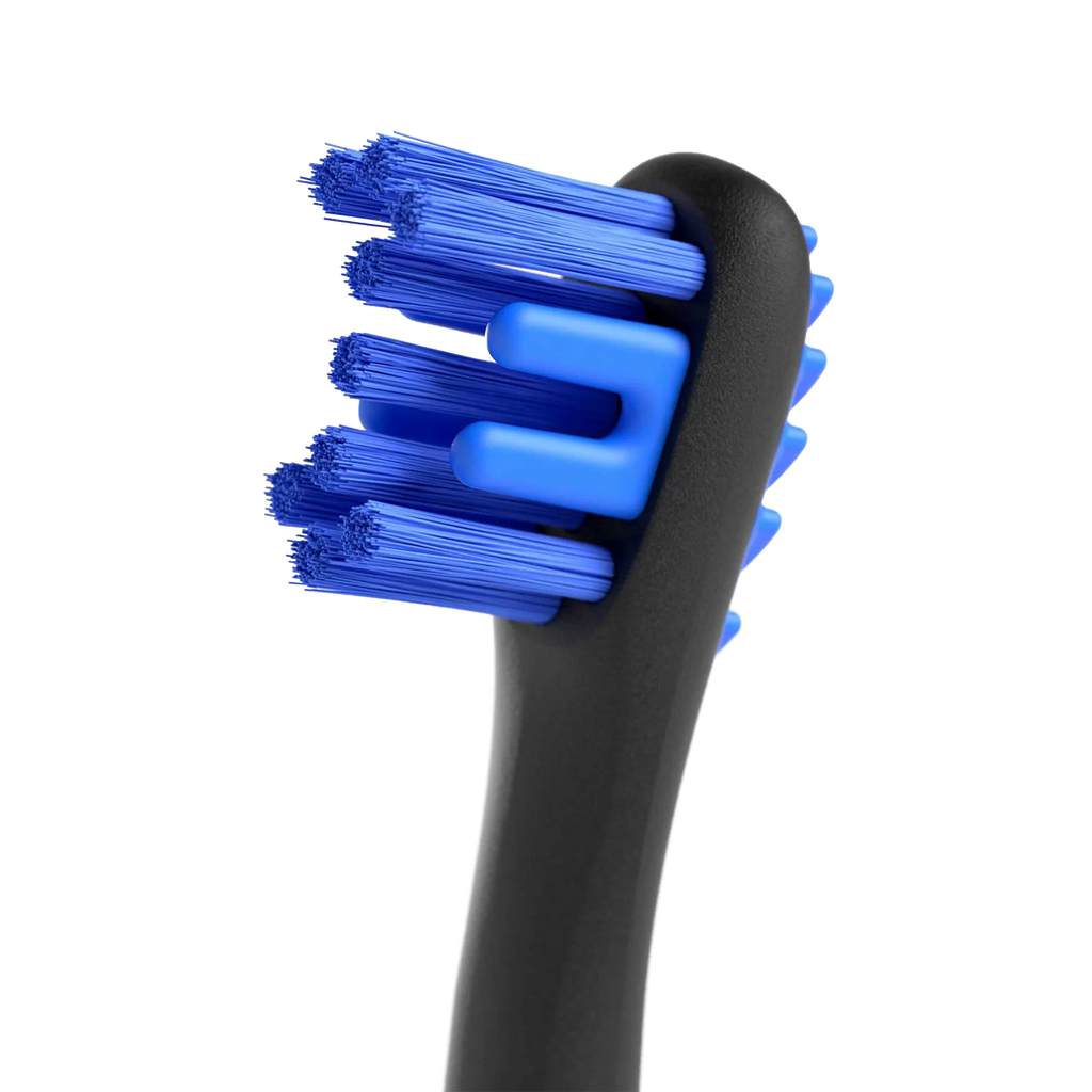 BrushMate Premium Toothbrush,"Close-up of toothbrush head with blue bristles and black handle"