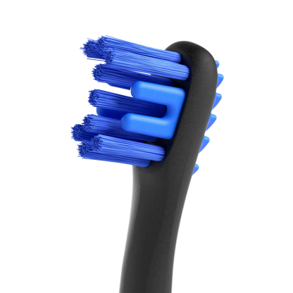 BrushMate Premium Toothbrush,"Close-up of toothbrush head with blue bristles and black handle"