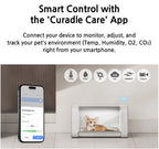 ICU 120 Bundle with 5L Veterinarian Oxygen Concentrator by Rcom USA,"ICU enclosure with dog and smartphone app control graphic"