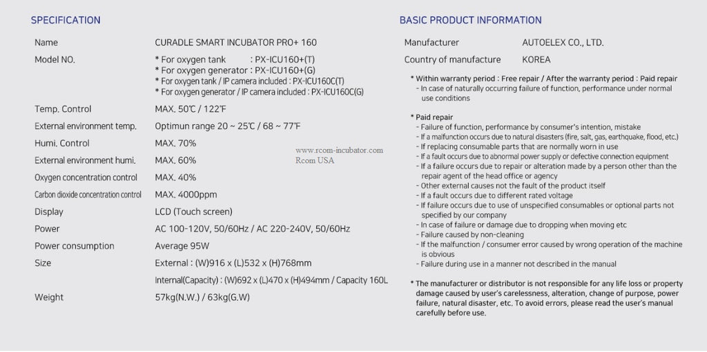 ICU 160 V2 by Rcom USA,"Product specification sheet with incubator details and warranty information"