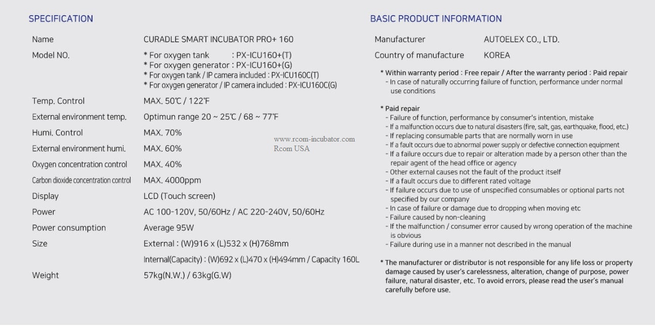 ICU 160 V2 by Rcom USA,"Product specification sheet with incubator details and warranty information"