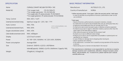 ICU 160 V2 by Rcom USA,"Product specification sheet with incubator details and warranty information"
