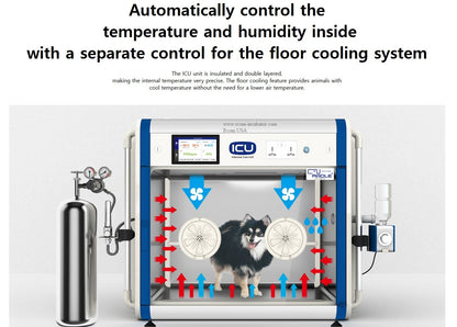 ICU 160 V2 by Rcom USA,"Front view of pet ICU with dog inside and oxygen tank"