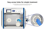 ICU 160 V2 by Rcom USA,"Front view incubator with circular access ports and hand port close-up"
