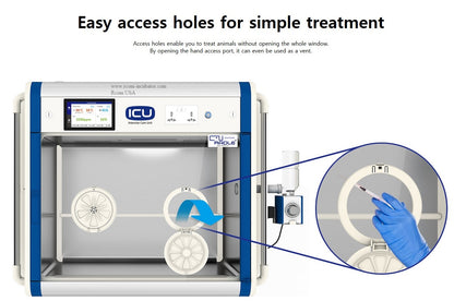 ICU 160 V2 by Rcom USA,"Front view incubator with circular access ports and hand port close-up"