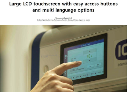 ICU 160 V2 by Rcom USA,"Close-up of touchscreen control panel with hand pressing display"
