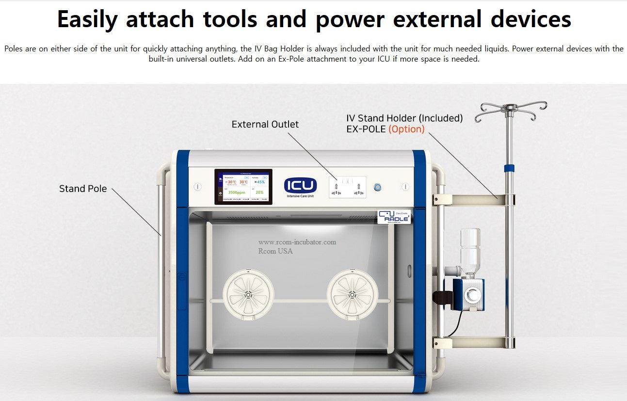 ICU 160 V2 by Rcom USA,"Incubator on wheeled stand with IV pole and outlet box"