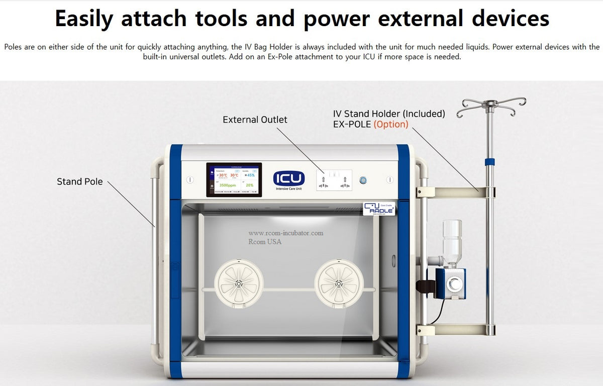 ICU 160 V2 by Rcom USA,"Incubator on wheeled stand with IV pole and outlet box"